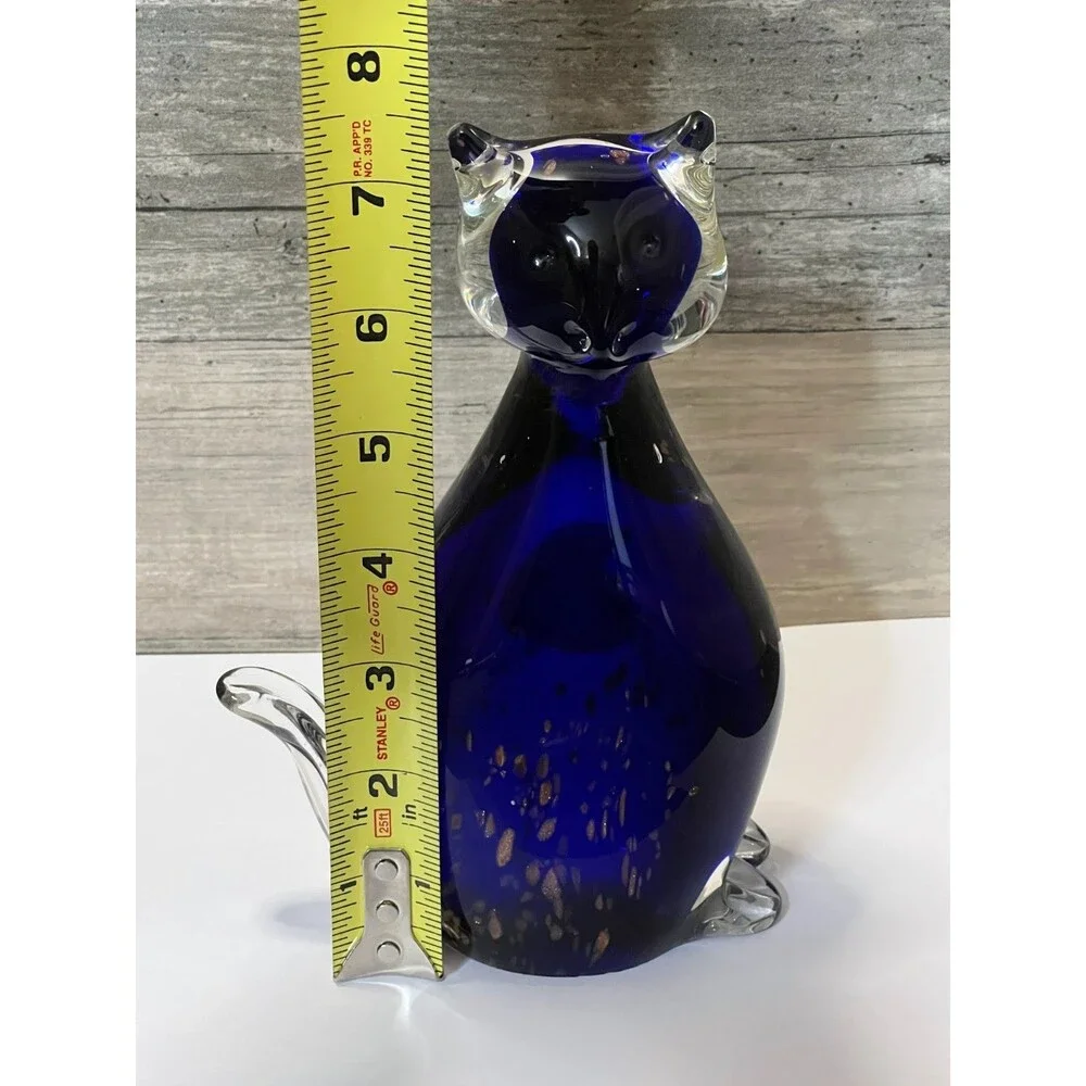Vintage Art Glass Cobalt Blue and Clear Cat Figurine Gold Copper Flakes Inside